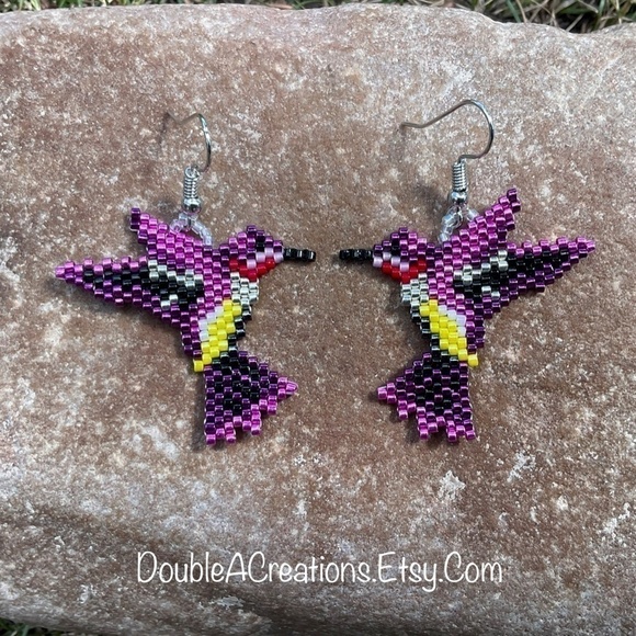 Pink Hummingbird Beaded Earrings, New, Handmade by Me - Picture 7 of 8